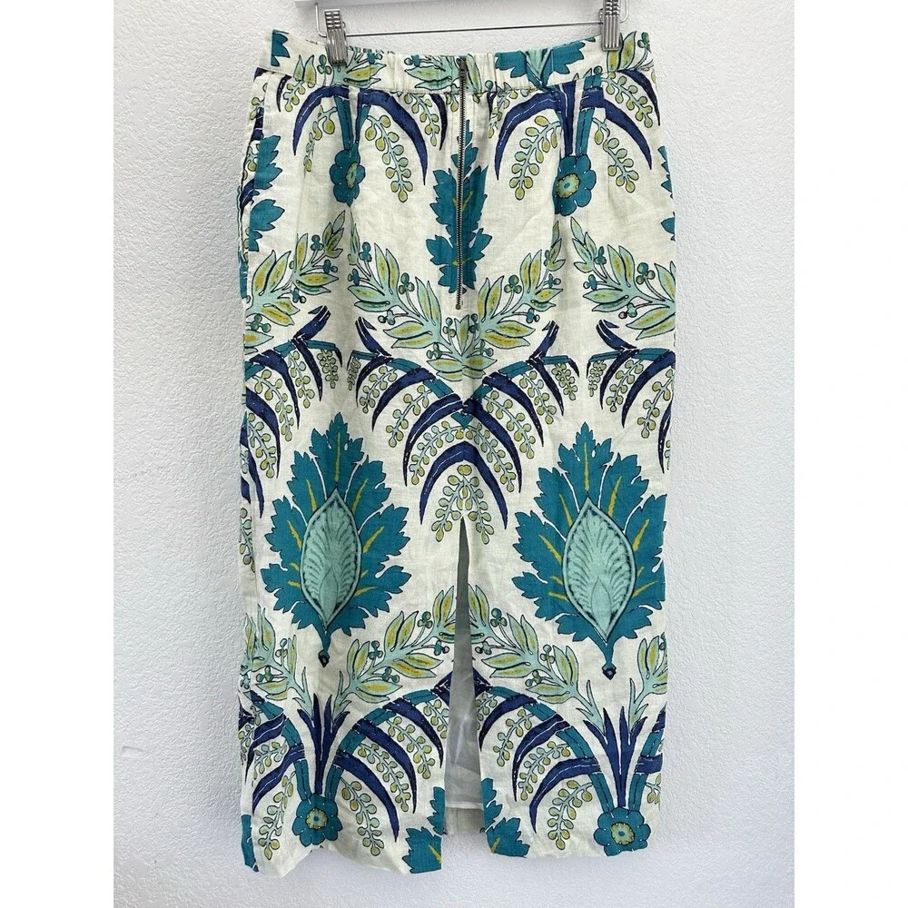 Sundance Linen Midi Skirt Graceful Verenia Teal Blue Floral Damask Boho 12 Lined
